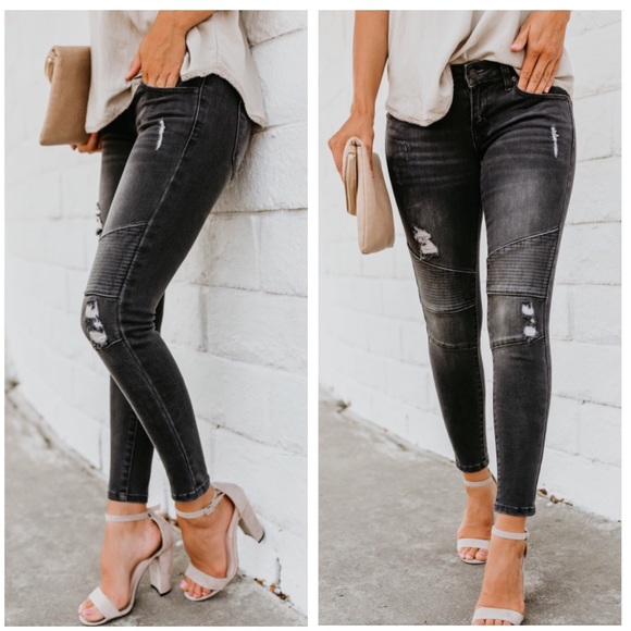 Denim Distressed Moto Skinnies - Picture 2 of 8